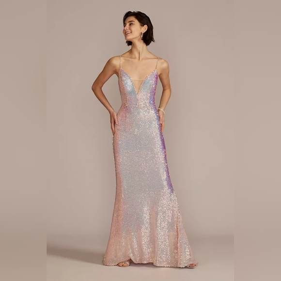 Stretch Sequin Prom Dress with Illusion V-Neck Gown in Iridescent Pink 20 - Picture 7 of 9